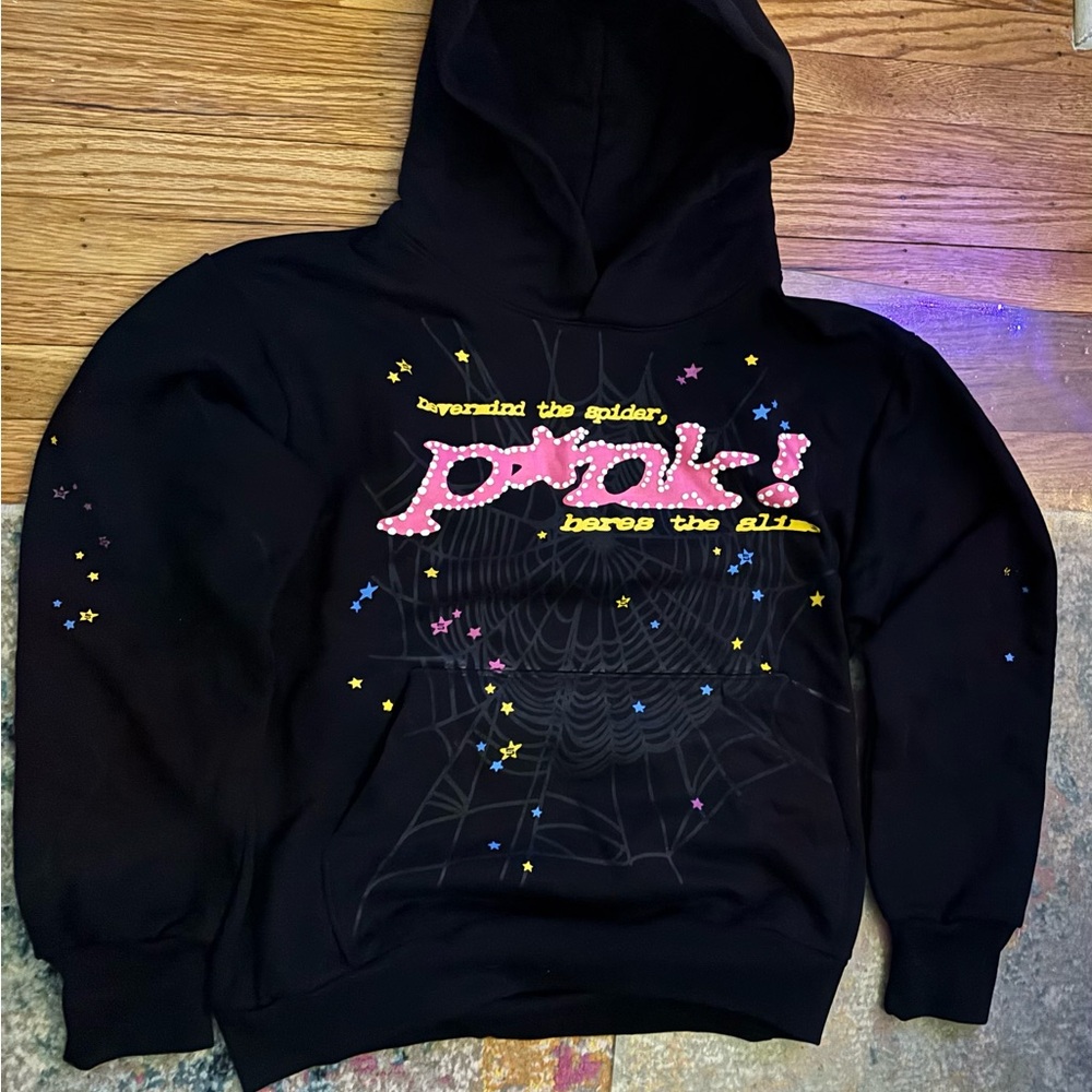 Sp5der Black Hoodie with Pink and Yellow Graphics